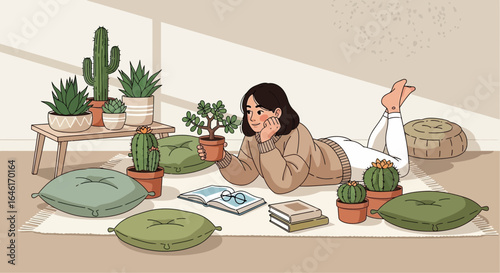 Serene indoor scene with woman relaxing among plants, books, and cushions promoting relaxation and well-being