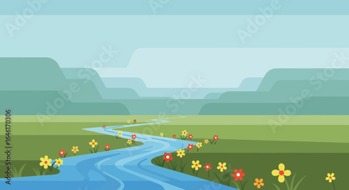 Serene landscape with winding river, colorful flowers and layered mountains offers peace