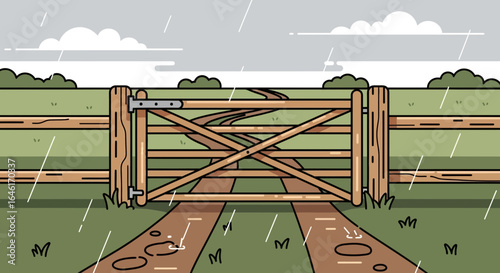 Rainy Day on the Farm: Cartoon Illustration of a Wooden Gate and Countryside Landscape