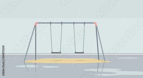 Rainy Day Sadness: Empty Swingset on a Playground with Light Rain Falling