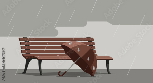 Rainy day scene featuring a park bench with a brown umbrella in an illustration style