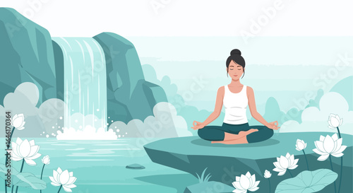 Serene Meditation: A Woman Finding Inner Peace by the Waterfall Amidst Lotus Flowers