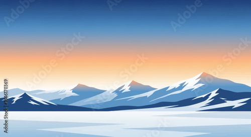 Serene Minimalist Landscape of Snow-Capped Mountains at Sunset or Sunrise with a Clear Sky