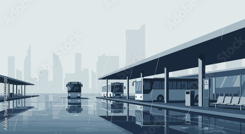 Serene Rainy Cityscape With Public Transport Bus Station And Reflections