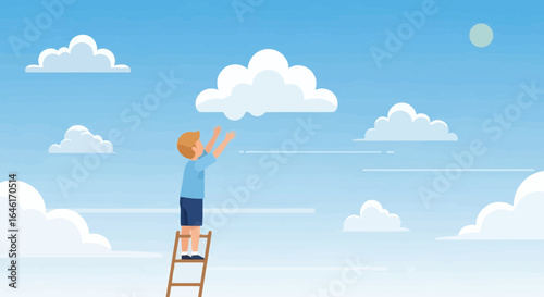 Reaching For Dreams Boy Standing On Ladder Reaching The Sky And Clouds