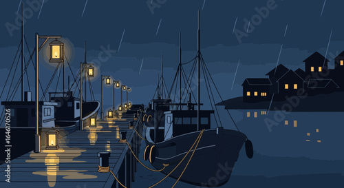 Serene rainy night scene of fishing boats docked at a harbor illuminated by lanterns showcasing a peaceful coastal landscape