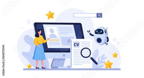 Recruitment process illustration with computer, woman, resume, robot and search bar representation of future of finding employees