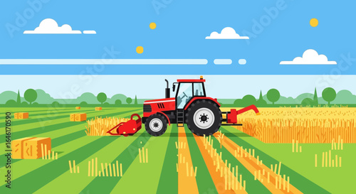 Red tractor cultivating a field of golden wheat with blue sky and clouds illustration for agricultural concept image