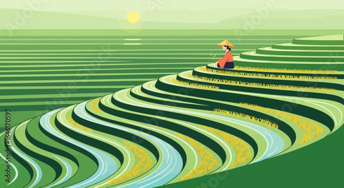 Serene rice terraces landscape with a farmer in traditional conical hat sitting