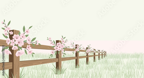 Serene spring landscape with cherry blossoms adorning a rustic wooden fence on grassy field