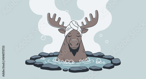 Relaxing retreat: A charming moose enjoying a spa day in a serene hot spring illustration