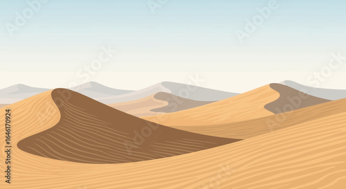 Serene vector illustration of a vast desert landscape with rolling sand dunes under a clear sky