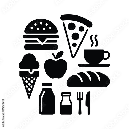 Collection of popular food and drink icons in a circular arrangement
