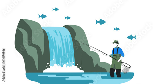Serene Waterfall Fishing Scene with Angler and Aquatic Life in a Minimalist Style