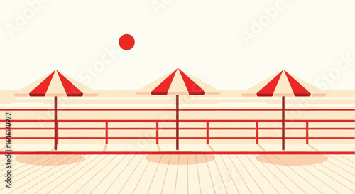 Retro Beach Promenade With Red Parasols And Deck In Minimalist Style