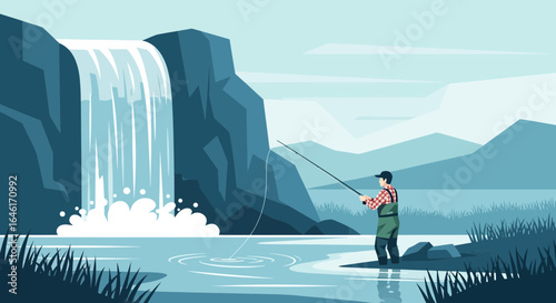 Serene Waterfall Scene with Fisherman Casting Line into Calm Mountain River Waters