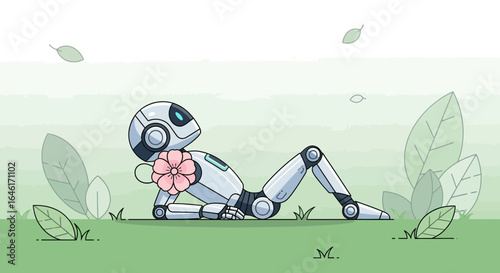 Robot Relaxing On Grass With Pink Flower In A Serene Nature Scenery