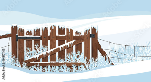 Serene Winter Landscape Featuring A Snow Covered Fence In A Snowy Field