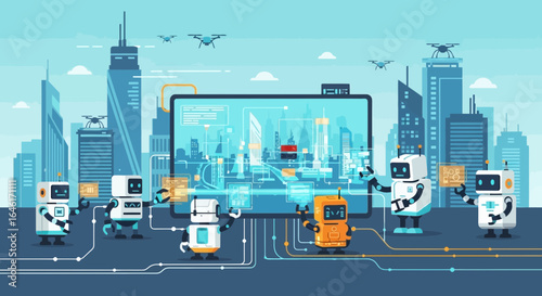 Robots operating a smart city interface on a digital tablet with futuristic design and urban development concept