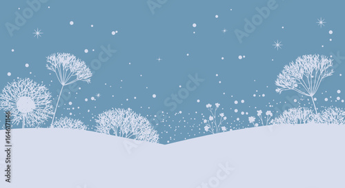 Serene winter landscape featuring snowy hills, delicate plants, and softly falling snow