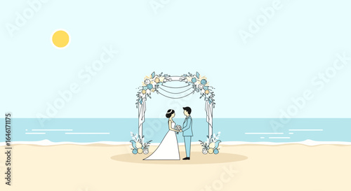 Romantic Beach Wedding Scene With Floral Arch And Ocean View In Light Colors