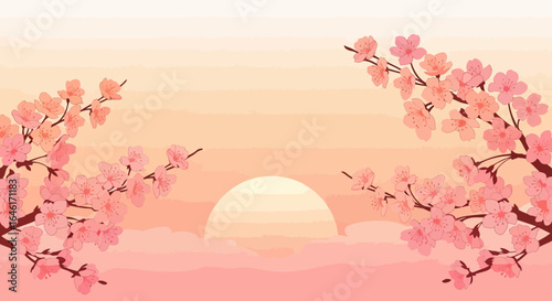 Romantic cherry blossom illustration against a pastel sunset sky design