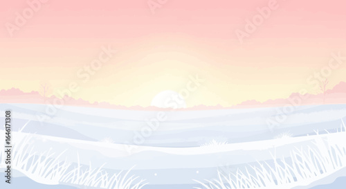 Serene winter landscape vector illustration at sunrise with snow and grass in the foreground showcasing a peaceful and quiet morning scene