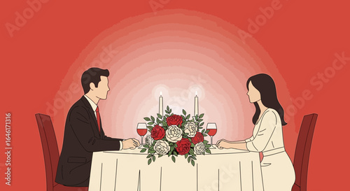 Romantic dinner date with flowers and wine glasses in a minimalist style illustration
