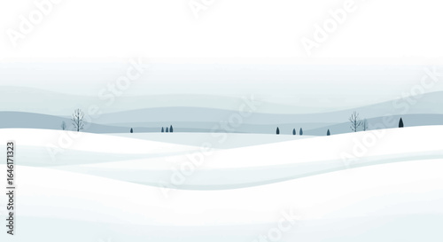 Serene Winter Landscape Minimalist Illustration Featuring Snow Covered Hills and Trees in Soft Blue Tones