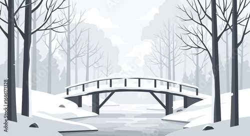 Serene winter landscape showcasing a snow-covered bridge in a minimalist design style