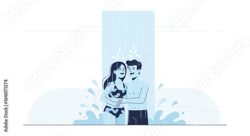 Romantic getaway couple embracing under waterfall vector illustration resort honeymoon happiness vacation love leisure