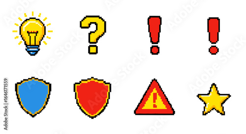 Pixelated symbols assorted shapes bright colors retro style game assets high quality professional