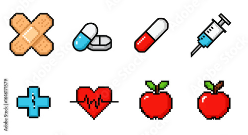 Pixel art medical supplies pixelated style healthcare elements isolated on white high quality professional
