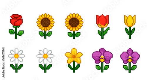 Pixel art flowers Collection of various blooms in retro style garden theme high quality professional