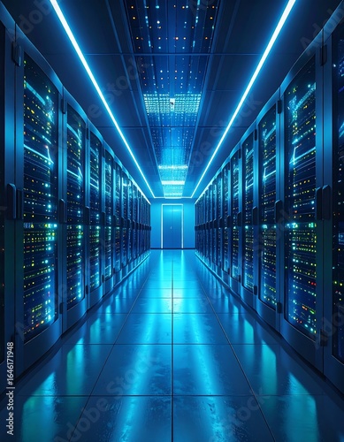 Futuristic server room, glowing blue light
