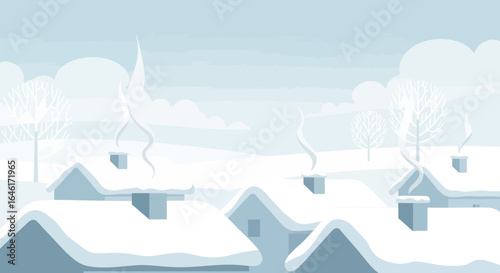 Serene winter village landscape with snow-covered rooftops and gentle smoke trails drifting into the frosty air