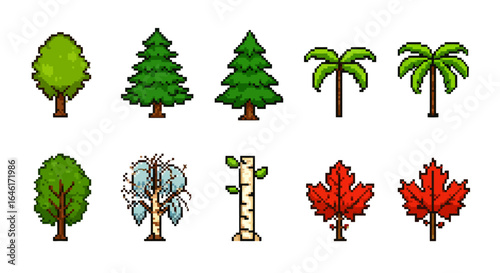 Pixel art trees collection various species detailed pixelated style nature concept high quality professional