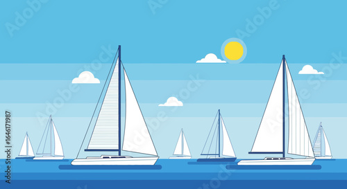Sailboats Floating On Water Against Clear Blue Sky Background Illustration