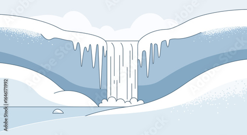 Serene Winter Waterfall Landscape Illustration with Snow and Icicles Design