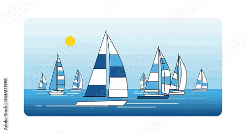 Sailboats On The Ocean Underneath A Beautiful Sunny Sky Vector Illustration