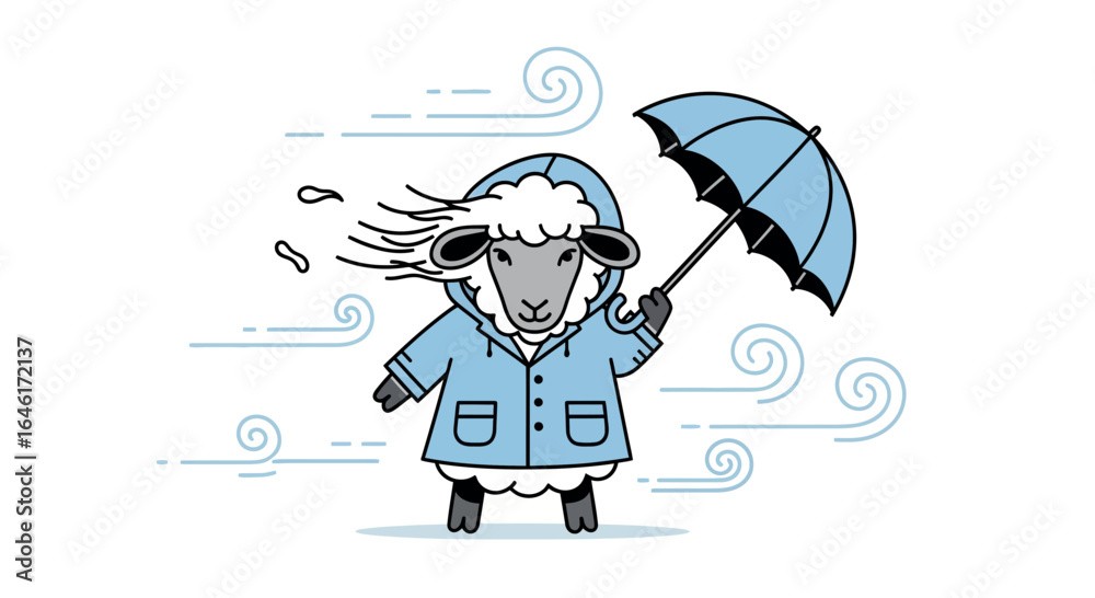 Naklejka premium Sheep battling the wind and rain with an umbrella in a charming illustration