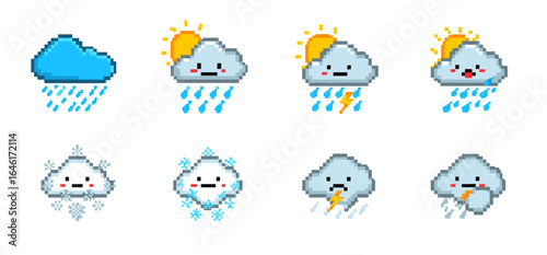 Weather Pixel Art Various Conditions Clouds Sun Rain Snow Thunderstorms Cute Style high quality professional
