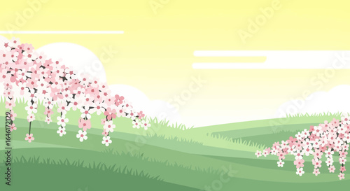 Scenic cartoon illustration of a spring landscape with cherry blossoms and rolling hills