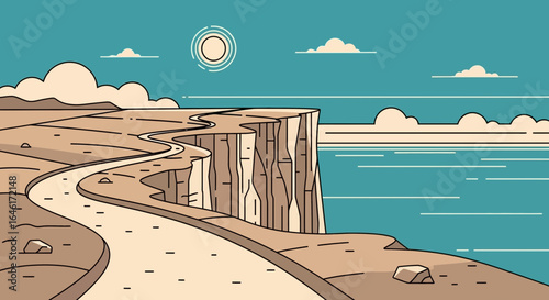Scenic Cliffside Road With Ocean Views And Stylized Sky Illustration