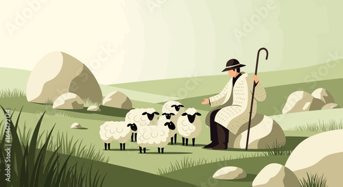 Shepherd overseeing his flock in a minimalist countryside landscape illustration