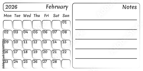 Calendar month February 2026 with copy space and notes. Vector handy isolated monthly calendar template in flat style. Possibility to add reminders, notes, plans, statistics, habits