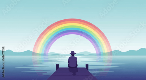 Silhouette contemplates a vibrant rainbow over serene waters from wooden pier