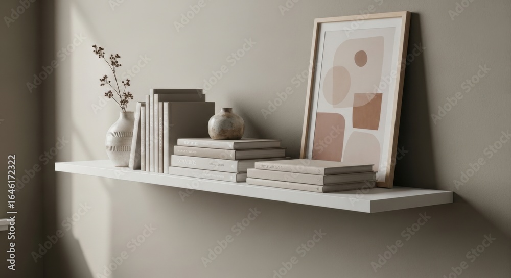 Fototapeta premium White floating shelf with books vase and abstract art in neutral tones white shelf stack of books