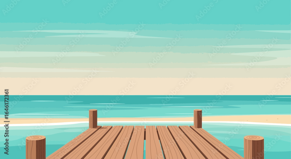 Fototapeta premium Scenic seascape illustration with a wooden pier extending into calm turquoise water and a light blue sky a relaxing coastal view