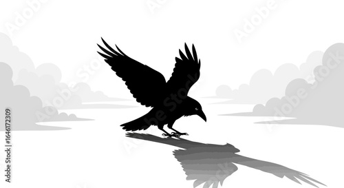 Silhouette of a majestic raven landing casting its shadow over a cloudy backdrop